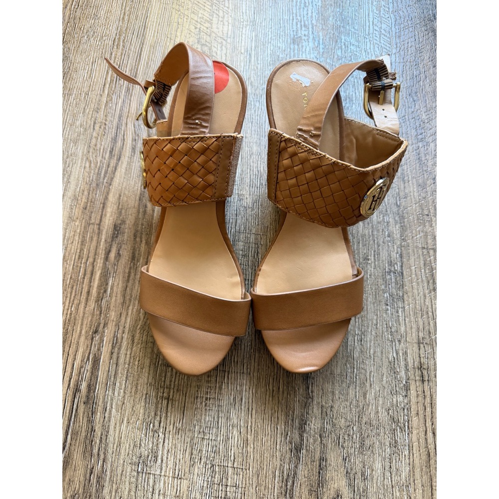 Tommy Hilfiger Tan Leather Woven Cork Wedge Sandals Gold‎ Logo 7M
